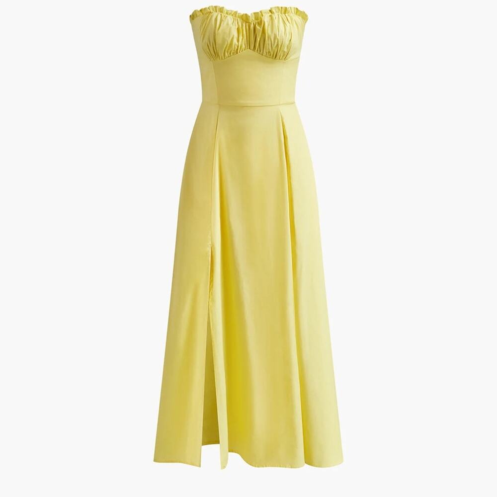 Commense Strapless Yellow Midi Dress with Ruched Bust
